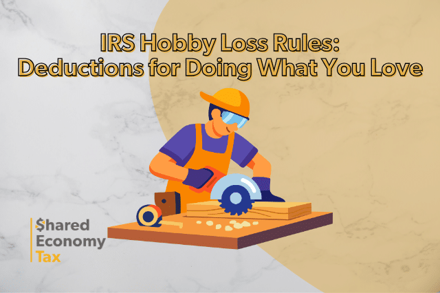 Shared Economy Tax blog post banner IRS Hobby Loss Rules: Deductions for Doing What You Love. Vector image of woodworker with logo and text.